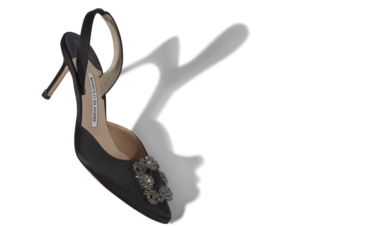 Schwarze Satin-Steck-Slingback-Pumps mit Juwel-Schnalle