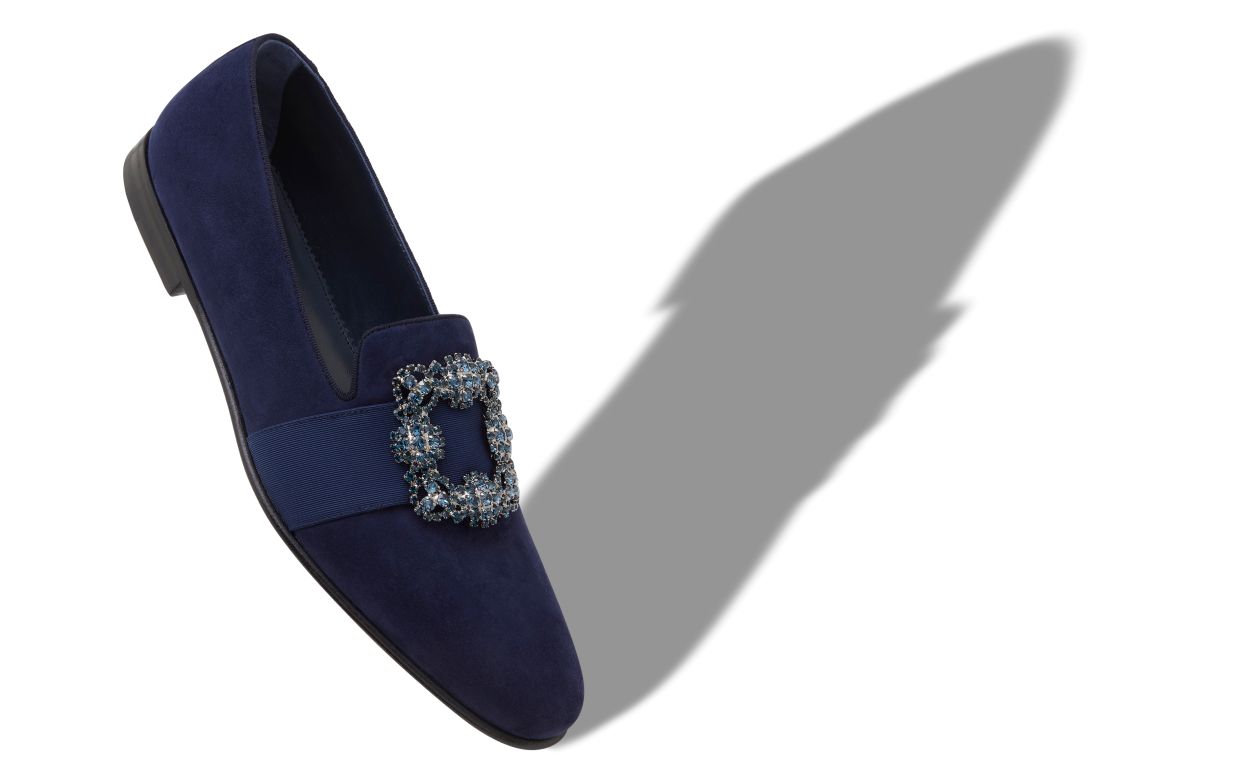 Blau-Navy Suede mit Juwelen-Schnalle Slipper