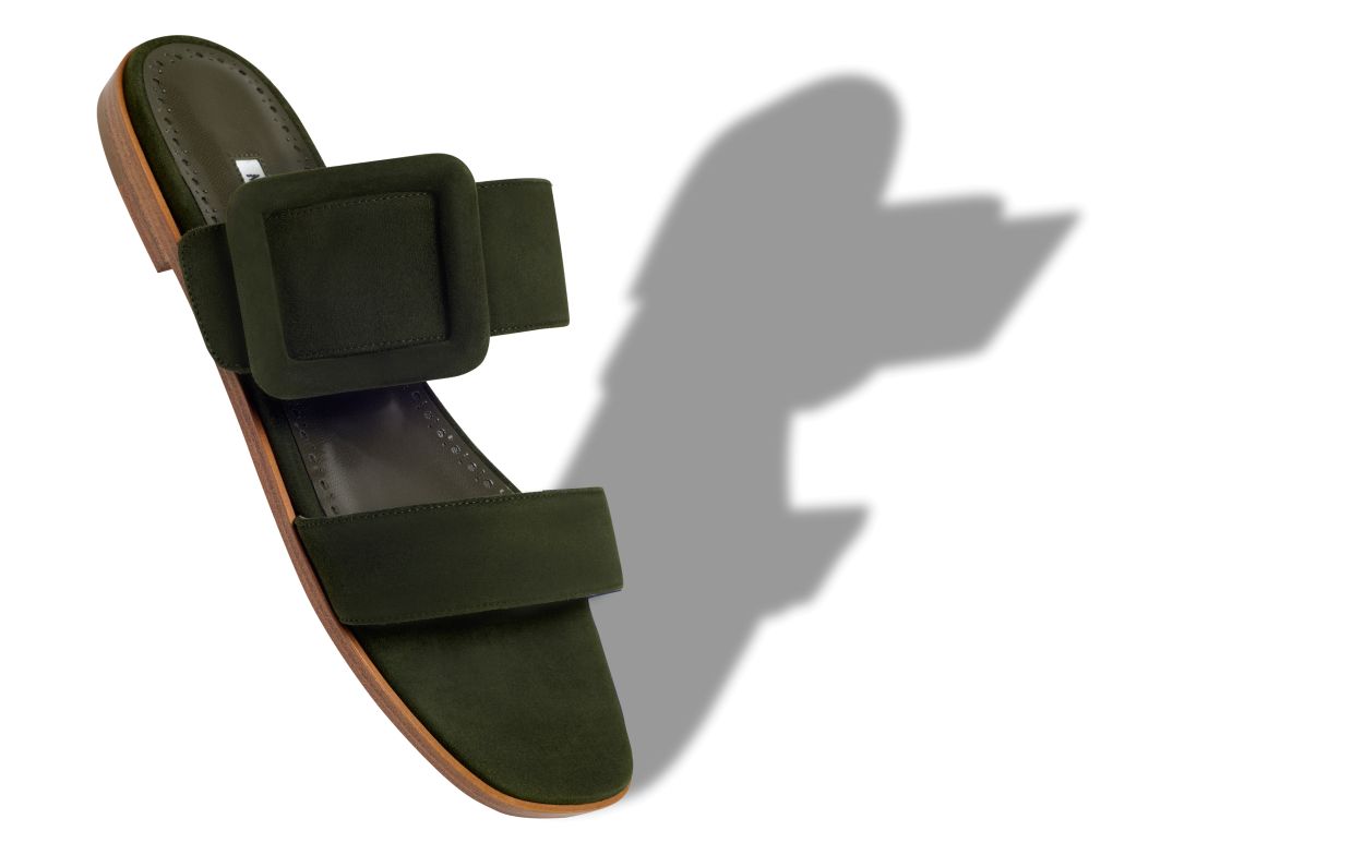 Dunkelgrüne Suede-Flachsandalen