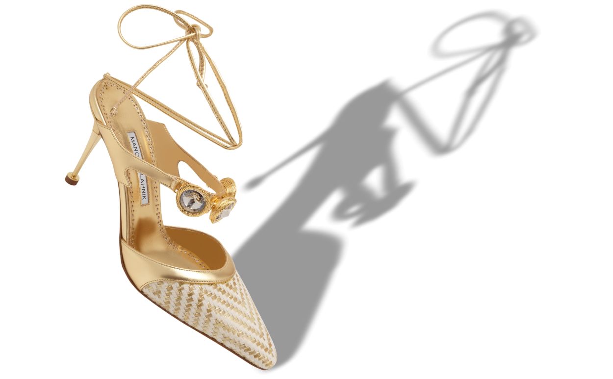 Gold-Nappa-Leder-Kristallverzierte Knöchelriemen-Pumps