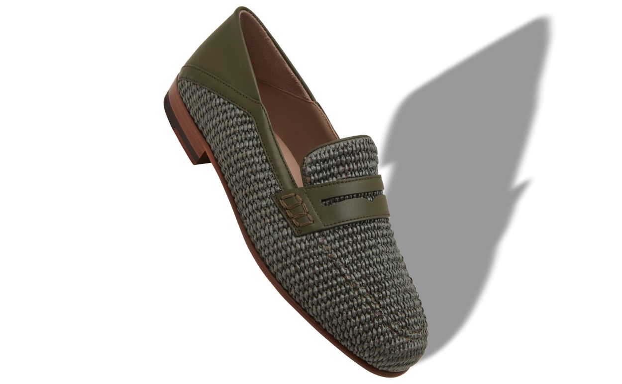 Dunkelgrüne Raffia-Penny-Loafer