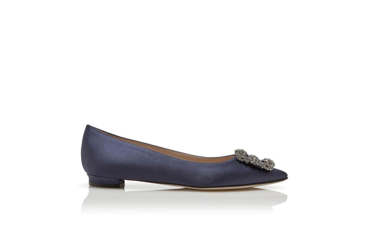Navy Blue Satin Jewel Buckle Flat Pumps