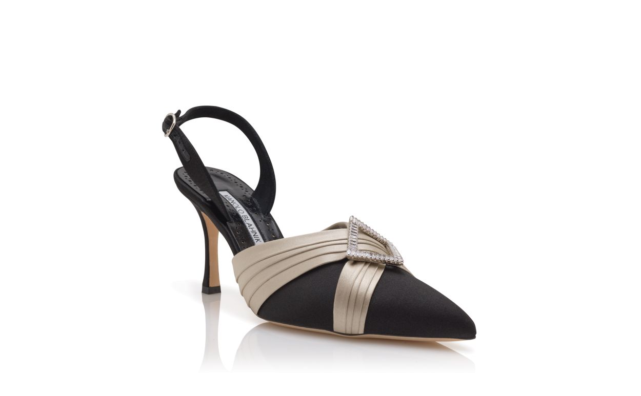 Schwarze Satin-Pleats-Slingback-Pumps