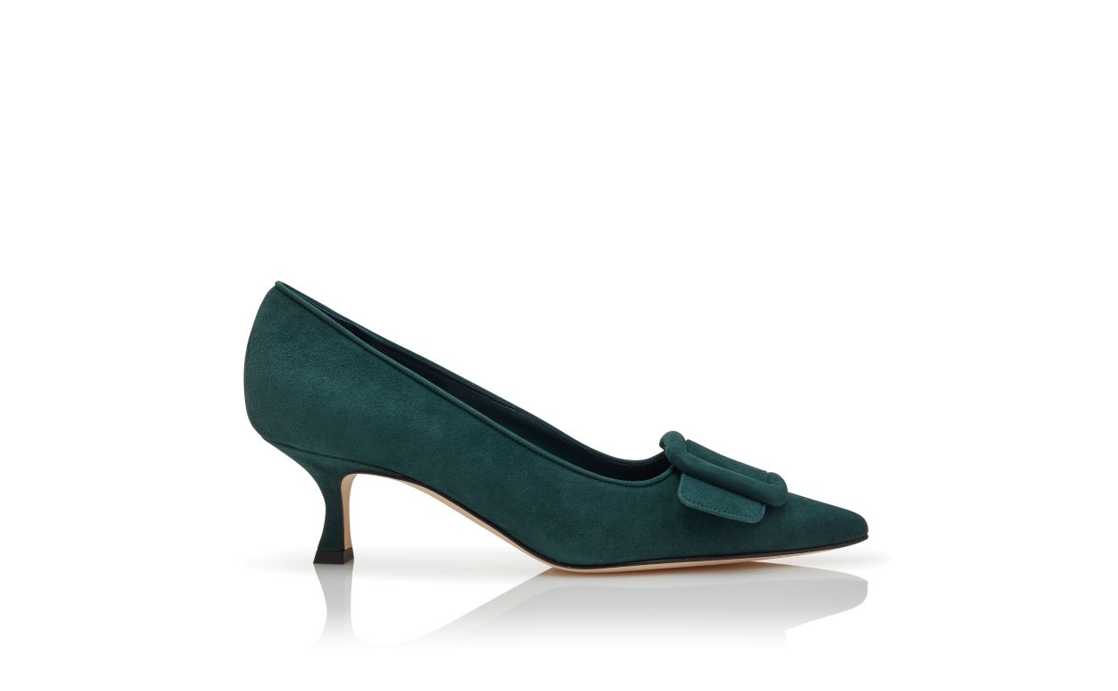 Dunkelgrüne Wildleder-Pumps mit Schnallen-Details
