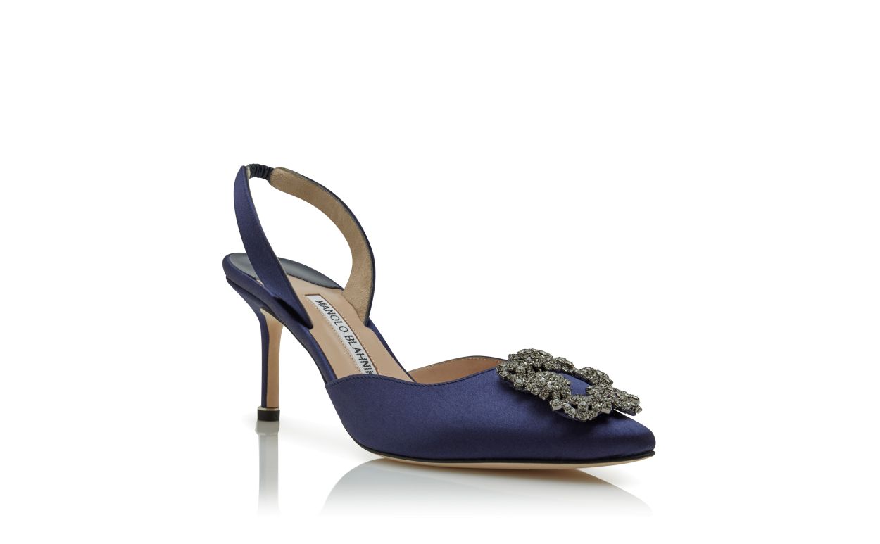 Navy Blue Satin-Perlenverschluss-Slingback-Pumps