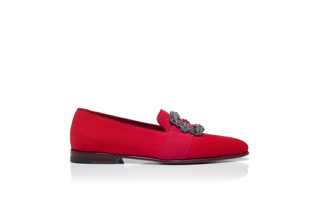Rote Wildleder-Steppschuhe mit Juwelen-Schnalle