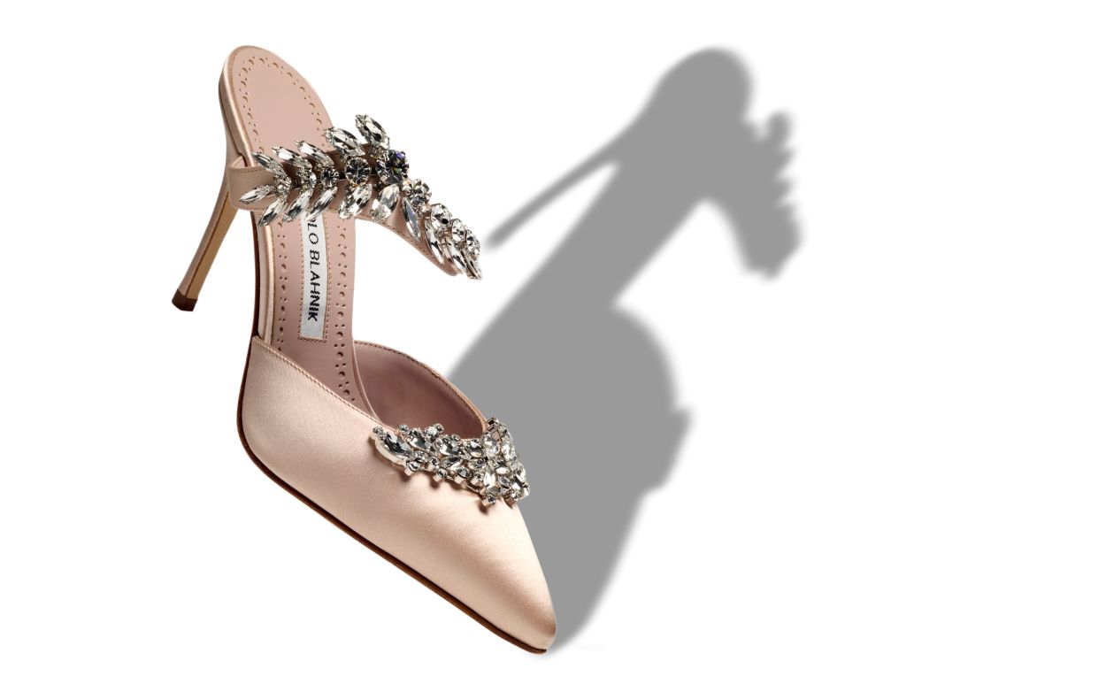Leicht Beige Satin Kristallverzierte Mules