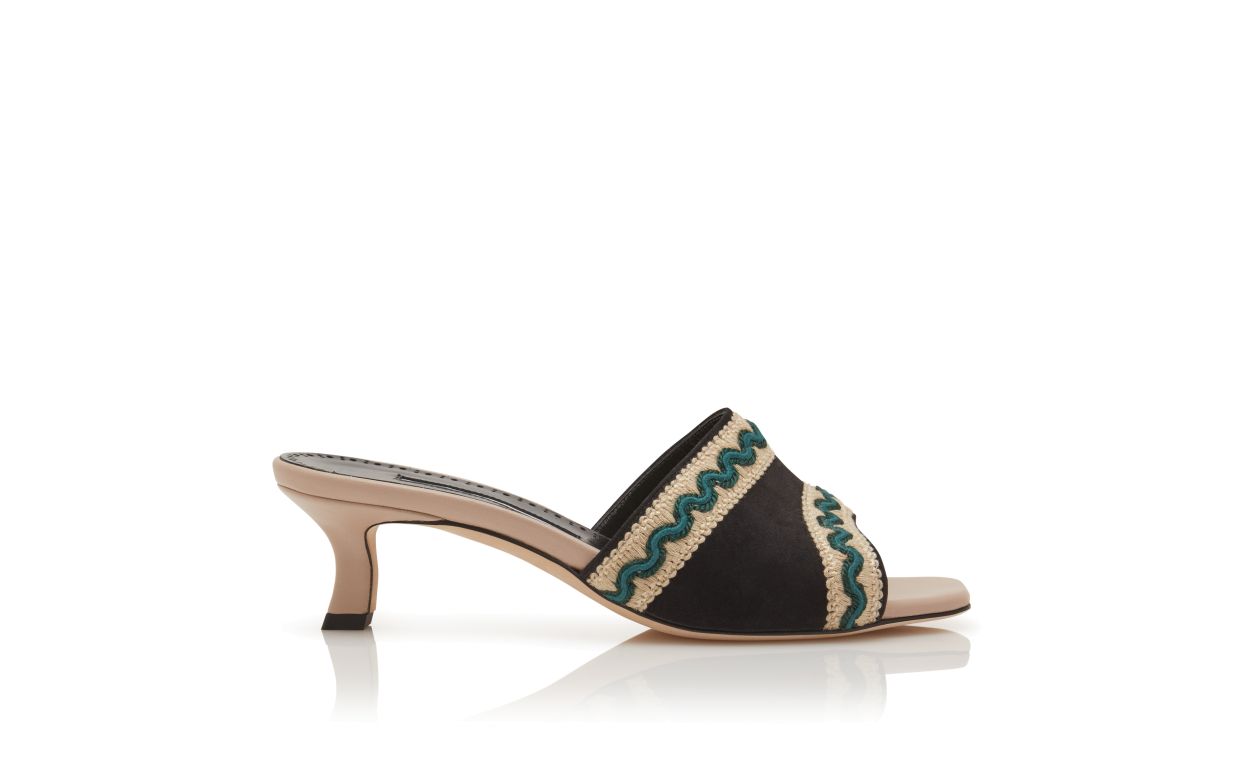 Leichtes Beige und Schwarz aus Wildleder mit Strickdetail-Mules