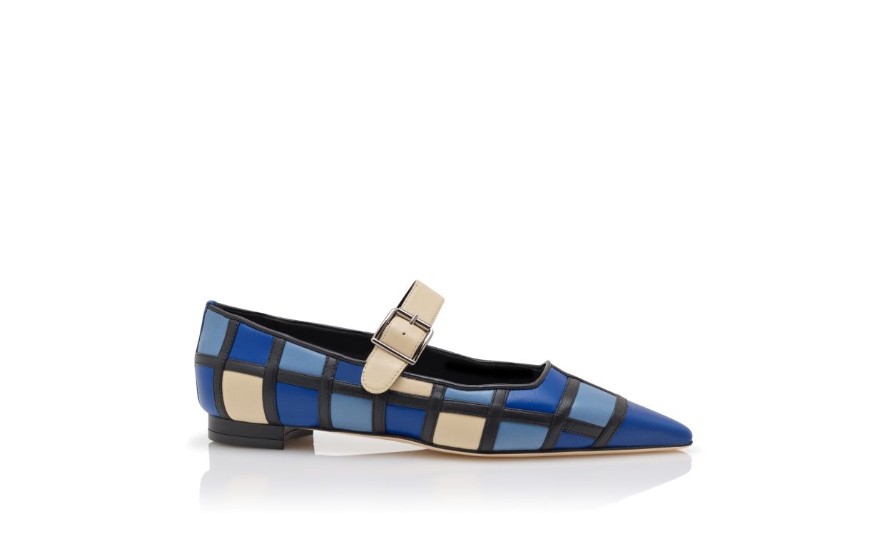 Blaue und cremefarbene Nappaleder Mary-Jane-Flachpumps