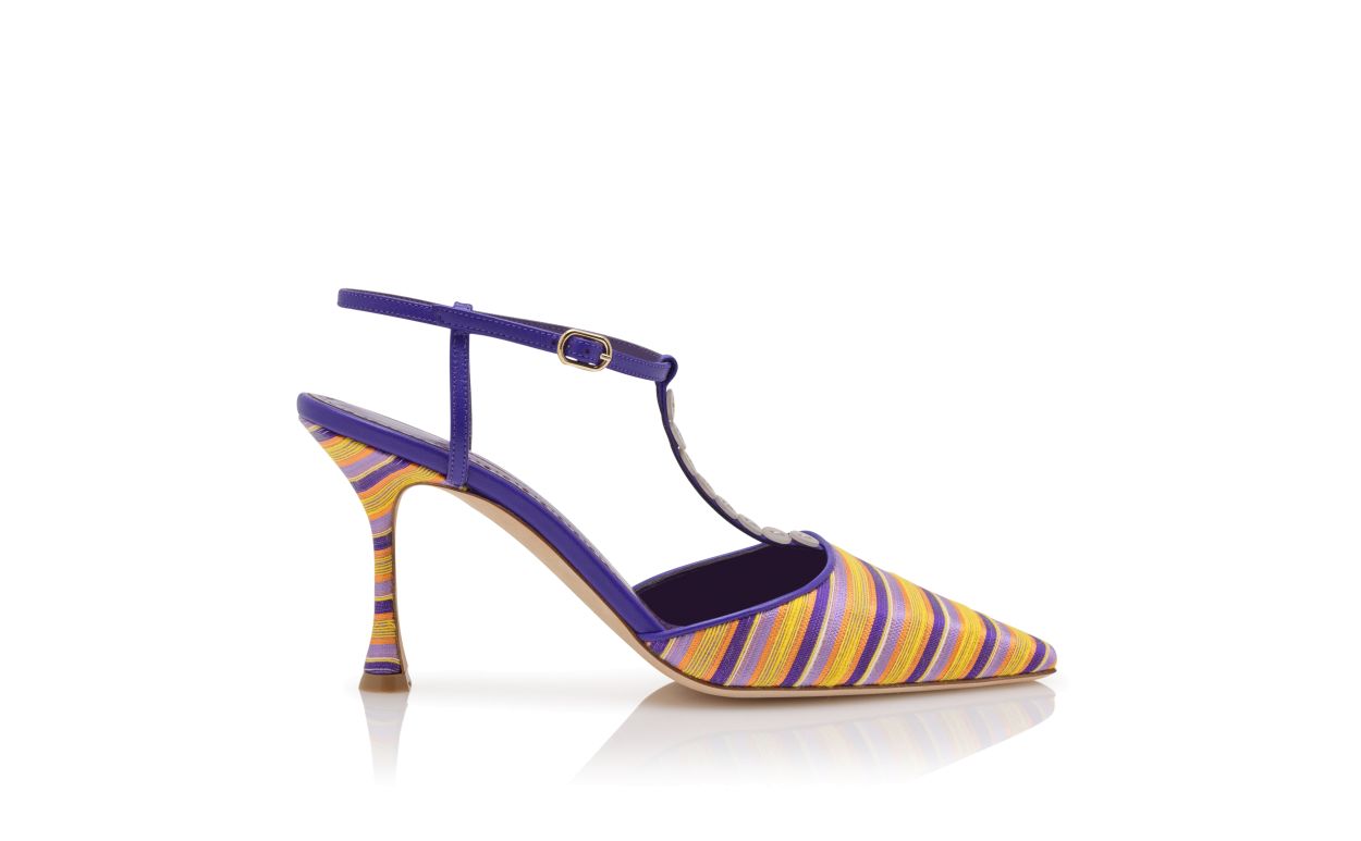 Lila und Orange Baumwollgestreifte T-Bar-Pumps