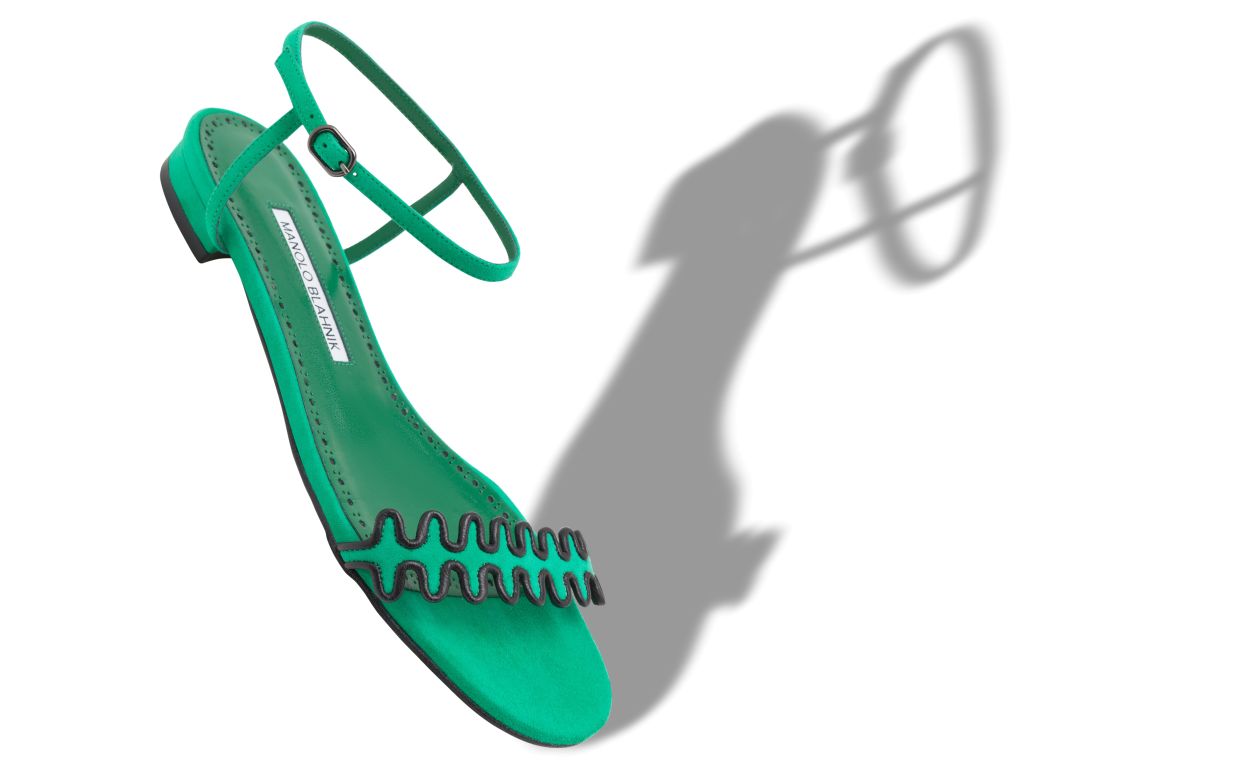 Grüne Suede Knöchelriemen-Flat-Sandalen