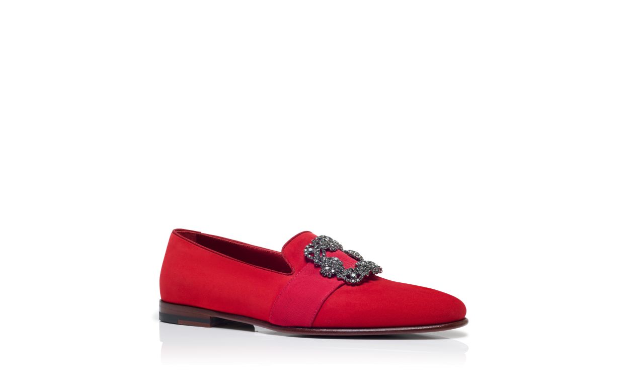 Rote Wildleder-Steppschuhe mit Juwelen-Schnalle