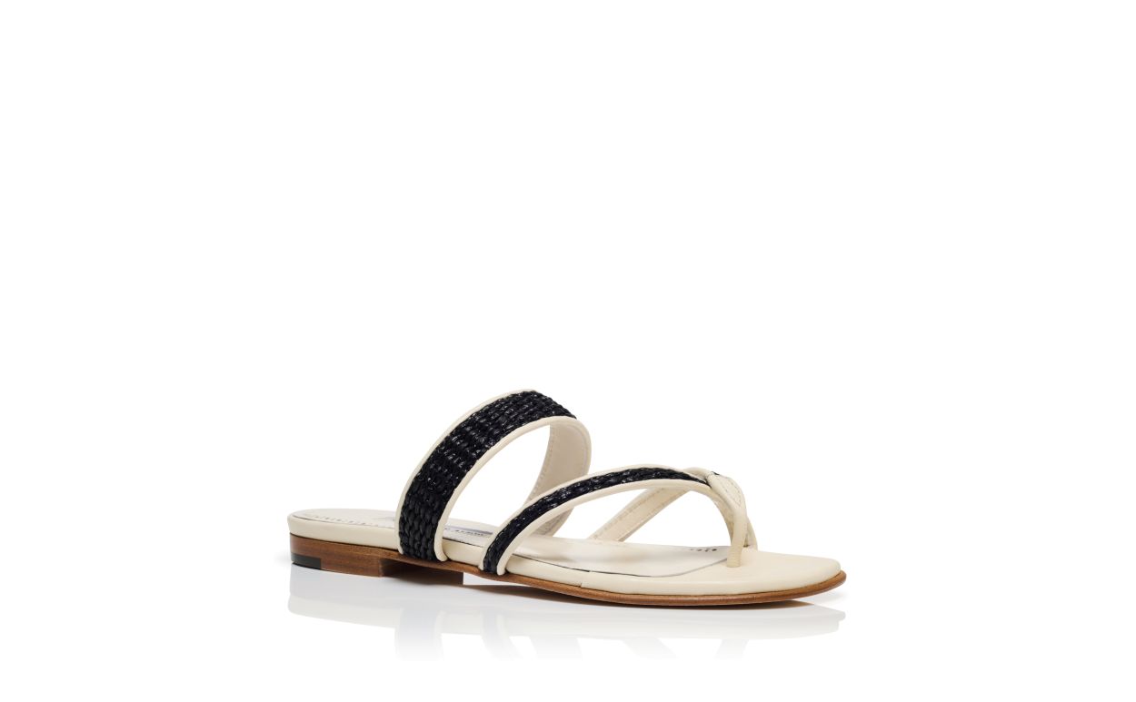 Cremfarbene Raffia-Flat-Sandalen