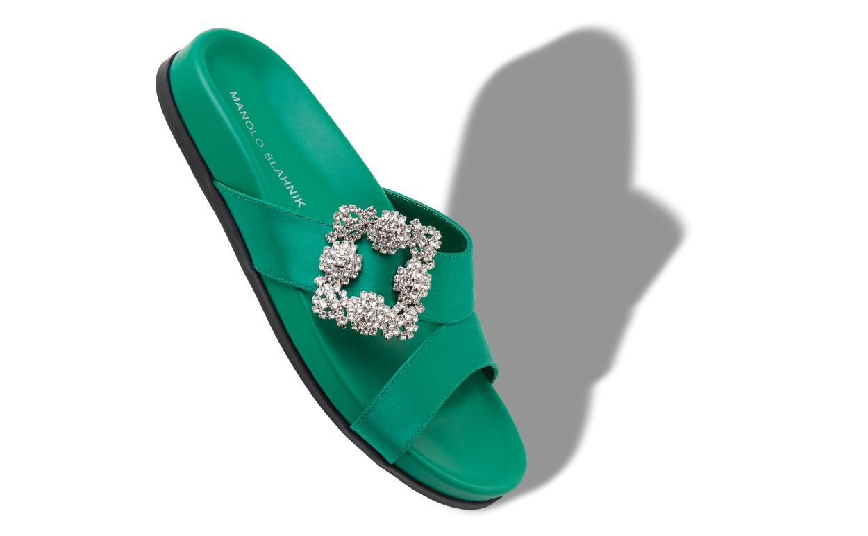 Grüne Satin-Perlen-Schlepp-Flachschuhe