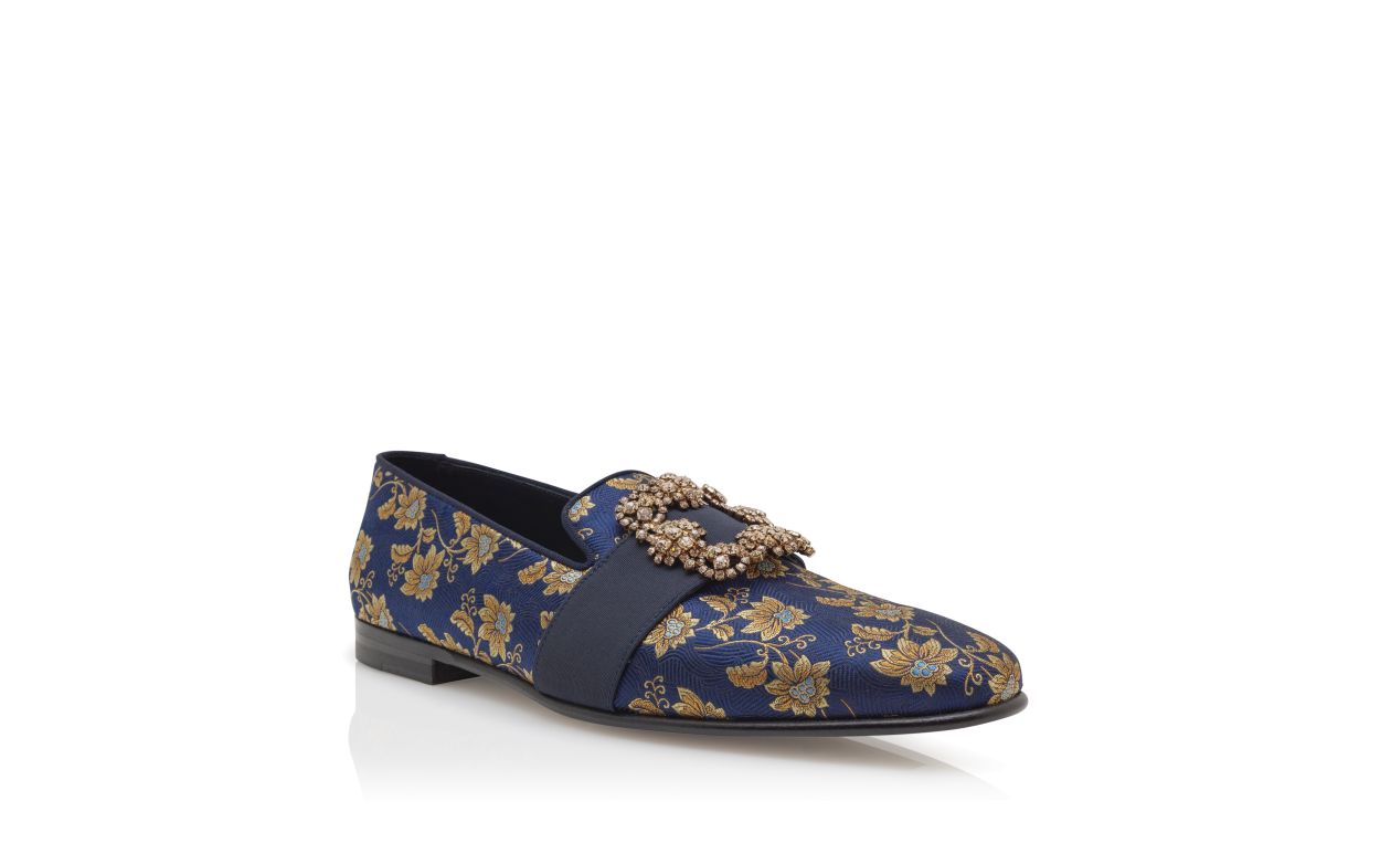Marineblau-silberne Seiden-Jacquard-Loafer mit Juwel-Schnalle