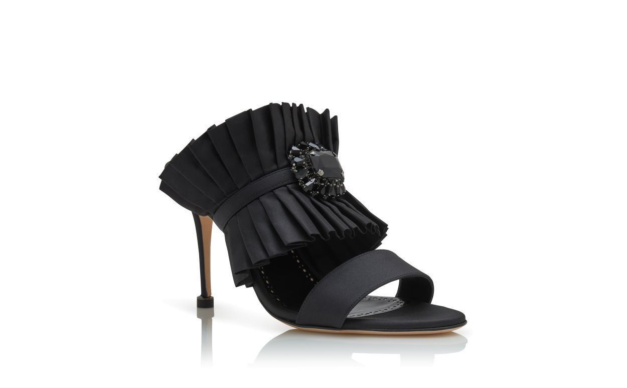 Schwarze Seiden-Mules mit Falten-Details