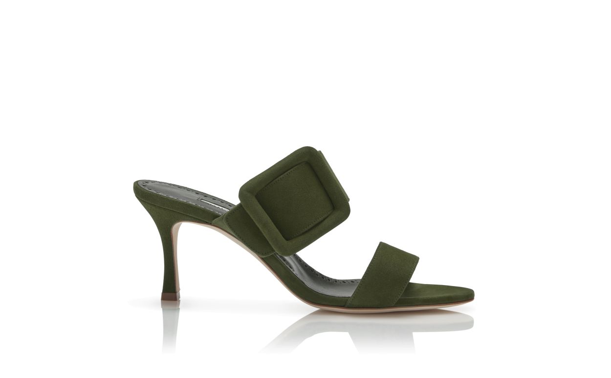 Dunkel Khaki Grün Wildleder Open Toe Mules