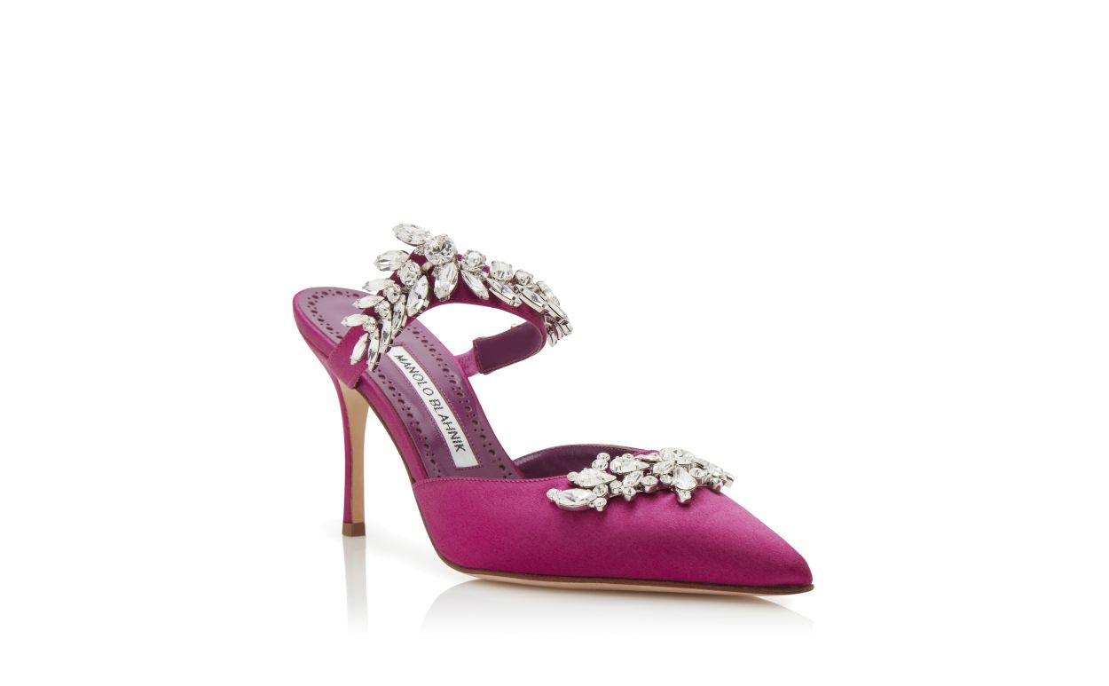 Fuchsia-Satin-Kristallverzierte Mules