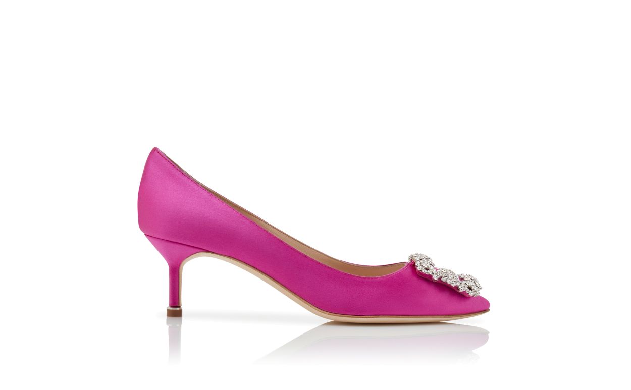 Fuchsia-Satin-Perlknopf-Pumps