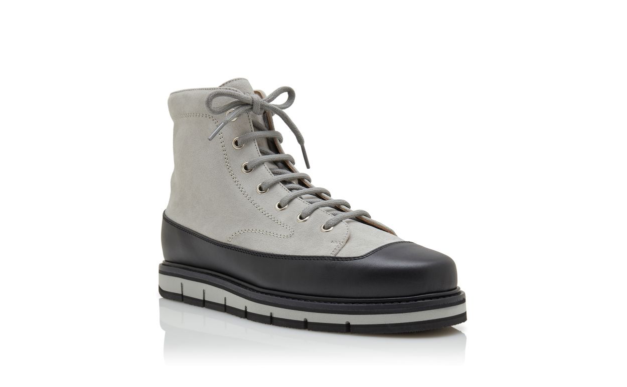 Graue und schwarze Kalbsleder-Suede-Knöchelstiefel