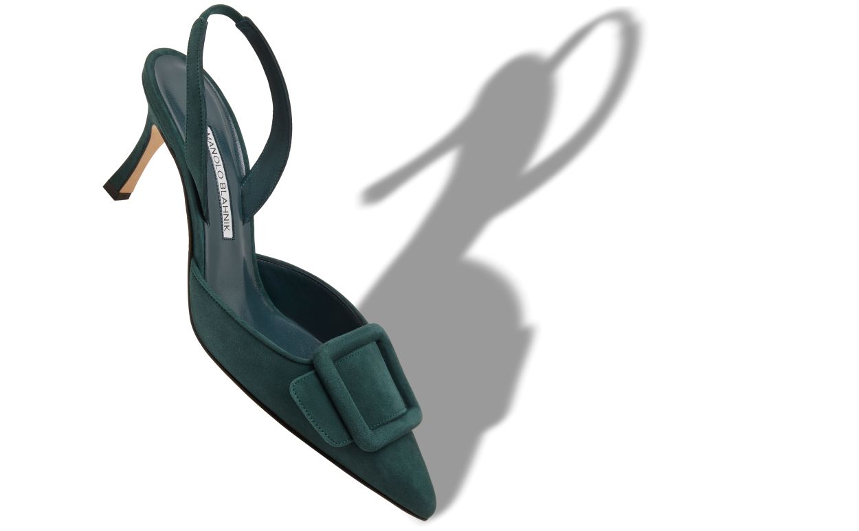 Dunkelgrüne Wildleder-Schnürpumps mit Schnallen- und Buckeldetail