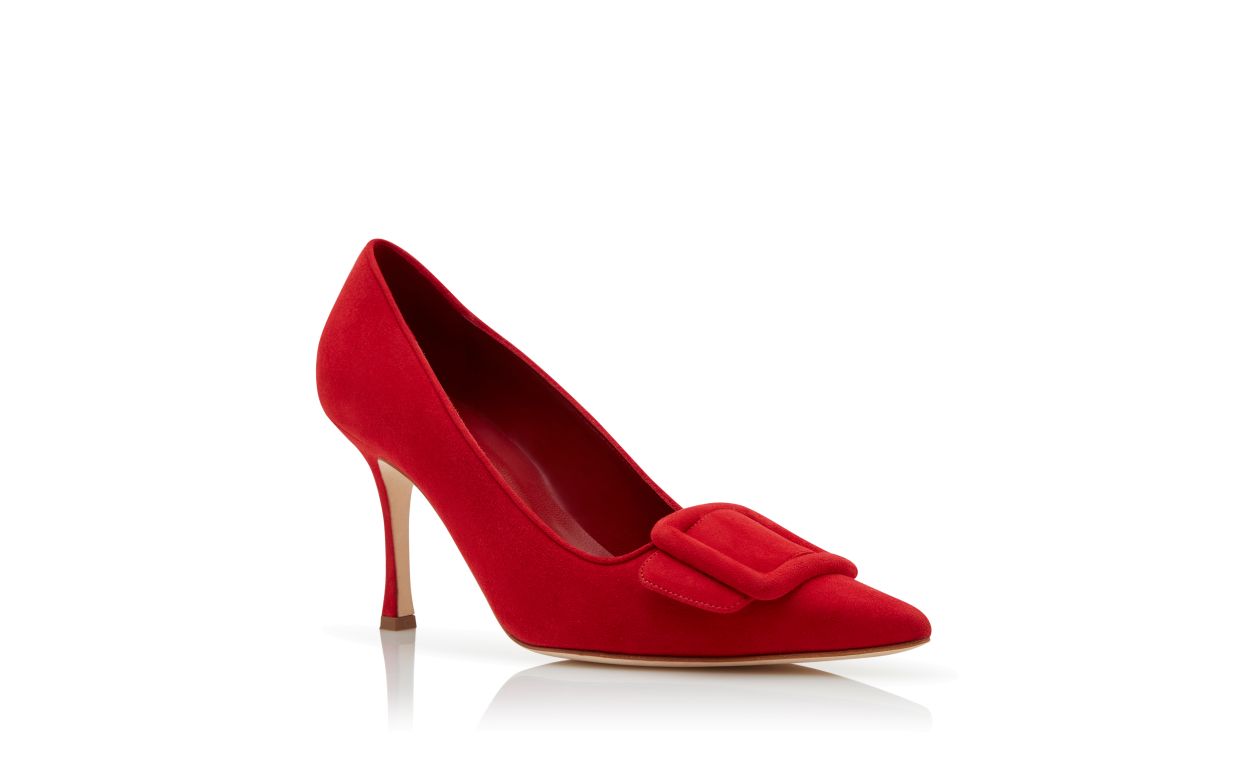 Rote Wildleder-Pumps mit Schnallen-Detail