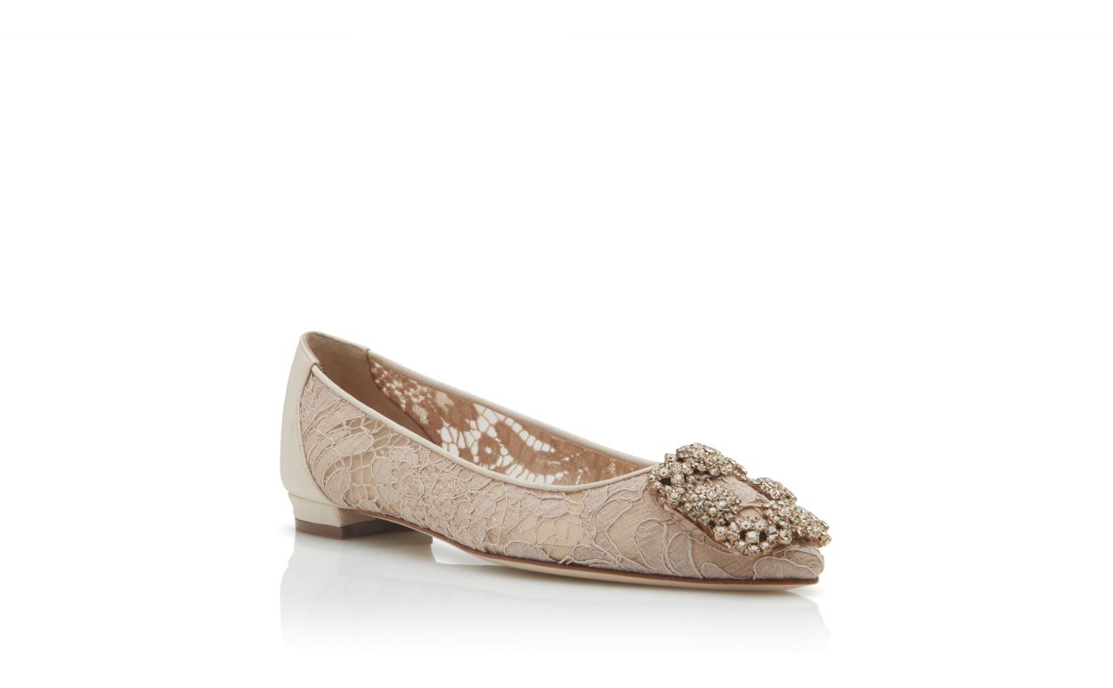 Rosa Champagner Spitzen-Diamant-Schnalle-Flachpumps