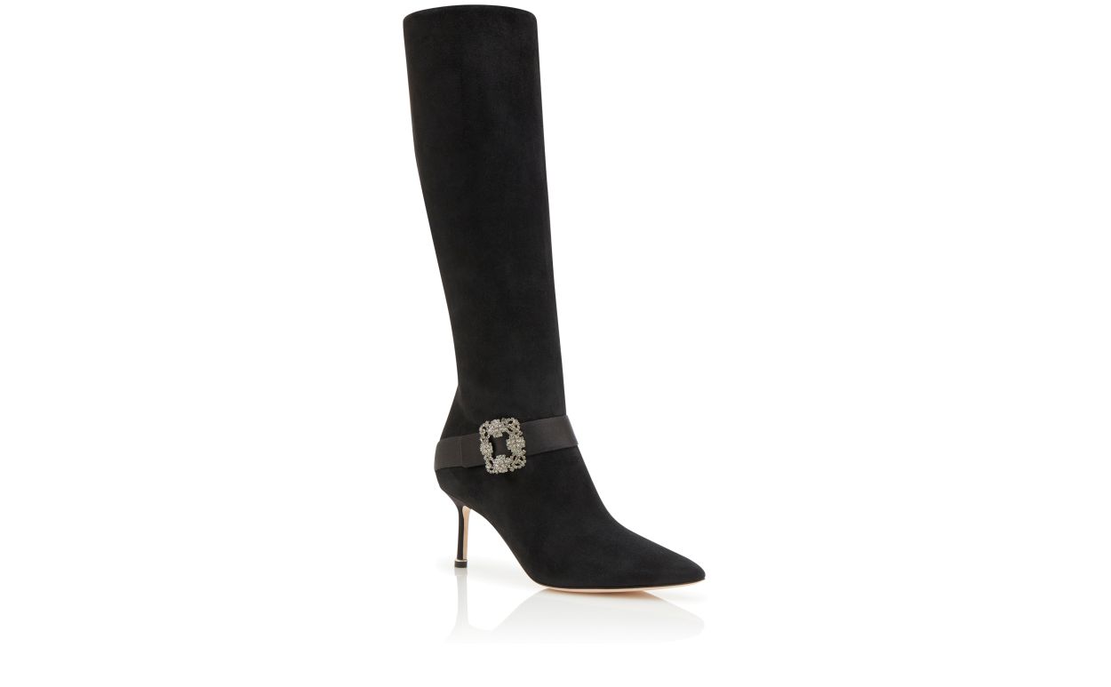Schwarze Wildleder-Steck-Schmuck-Schnür-Stiefel bis zum Knie