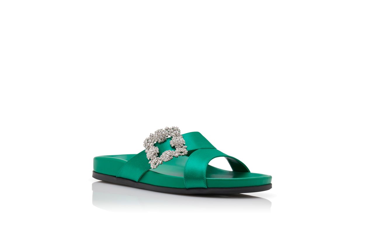 Grüne Satin-Perlen-Schlepp-Flachschuhe