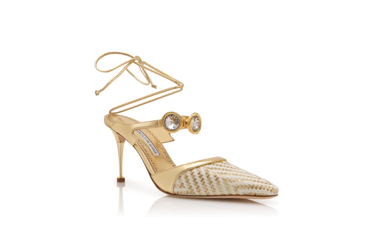 Gold-Nappa-Leder-Kristallverzierte Knöchelriemen-Pumps