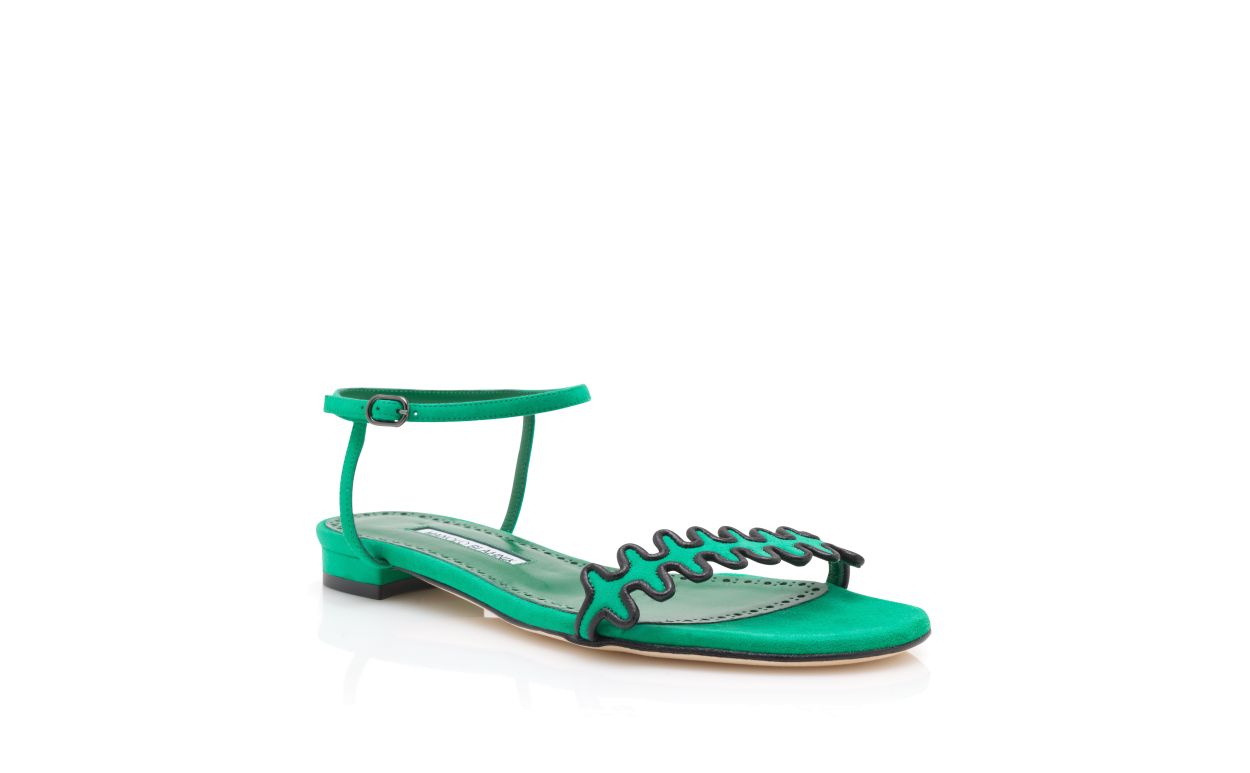 Grüne Suede Knöchelriemen-Flat-Sandalen