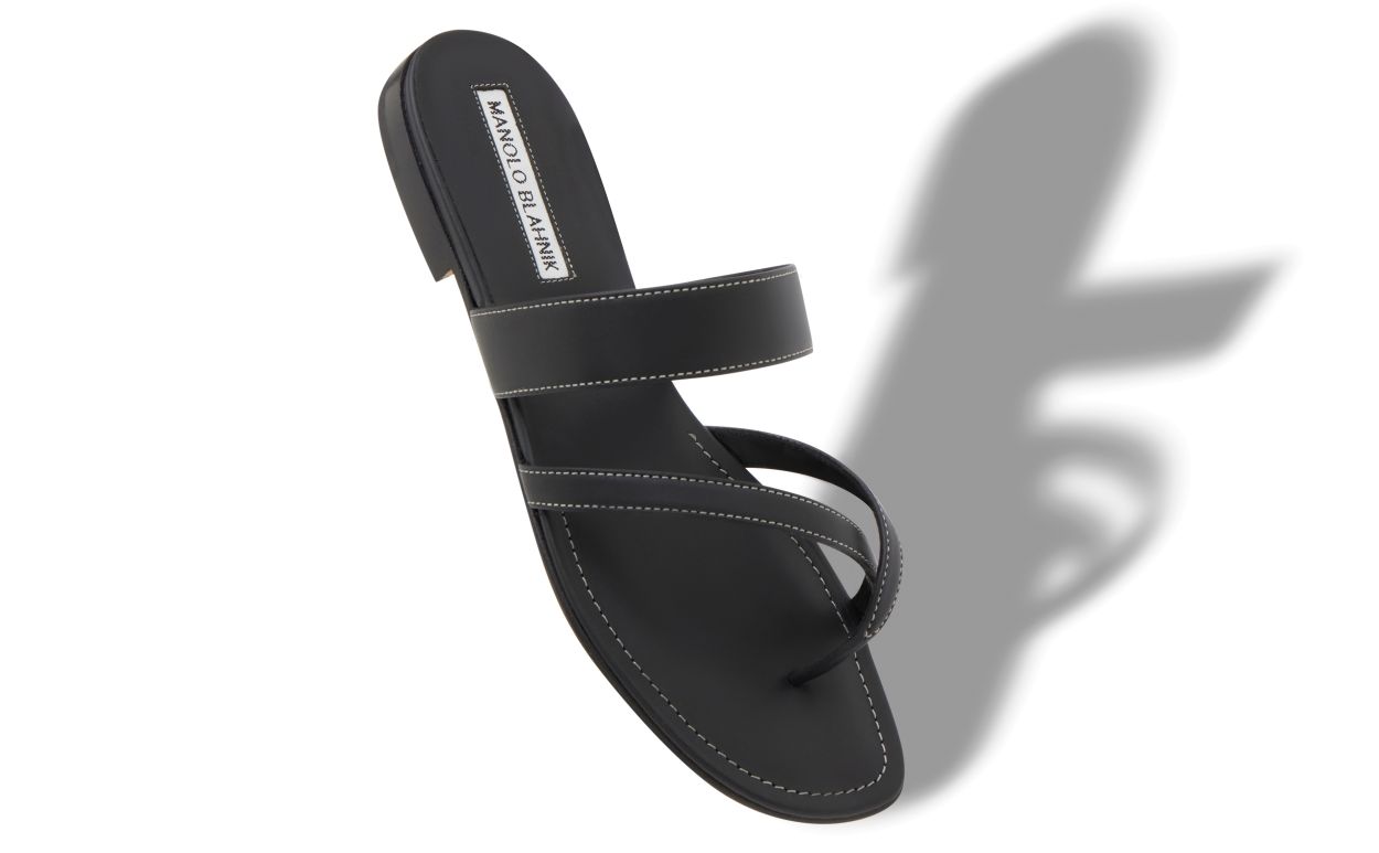 Schwarze Kalbleder Crossover-Flat-Sandalen