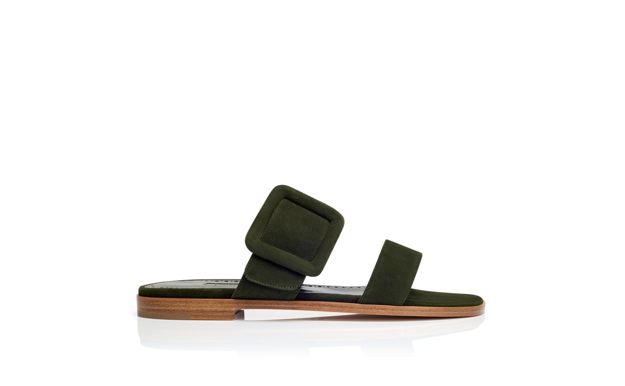 Dunkelgrüne Suede-Flachsandalen