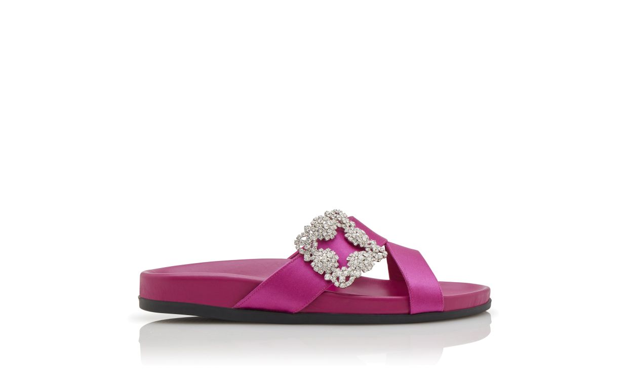 Dunkel Fuchsia Satin Edelstein-Schnalle Flat Mules