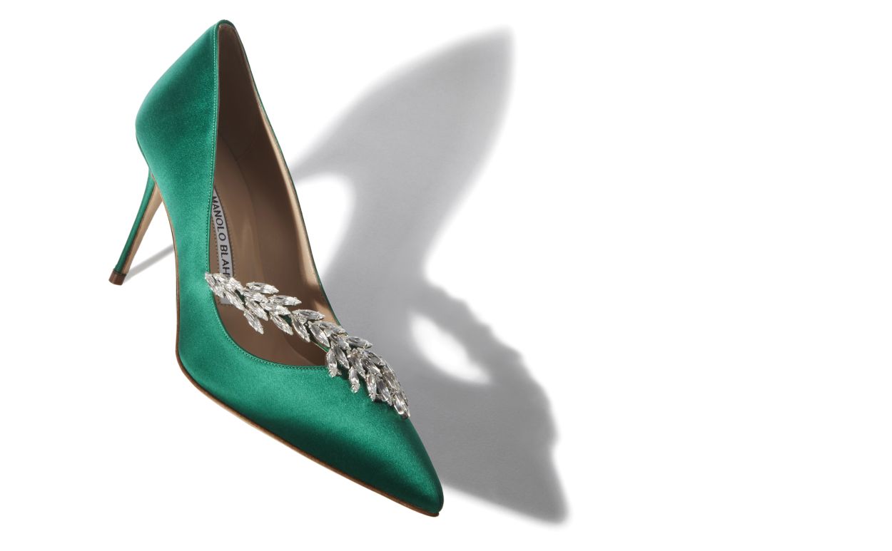 Grüne Satin-Perlen-Schnalle-Pumps
