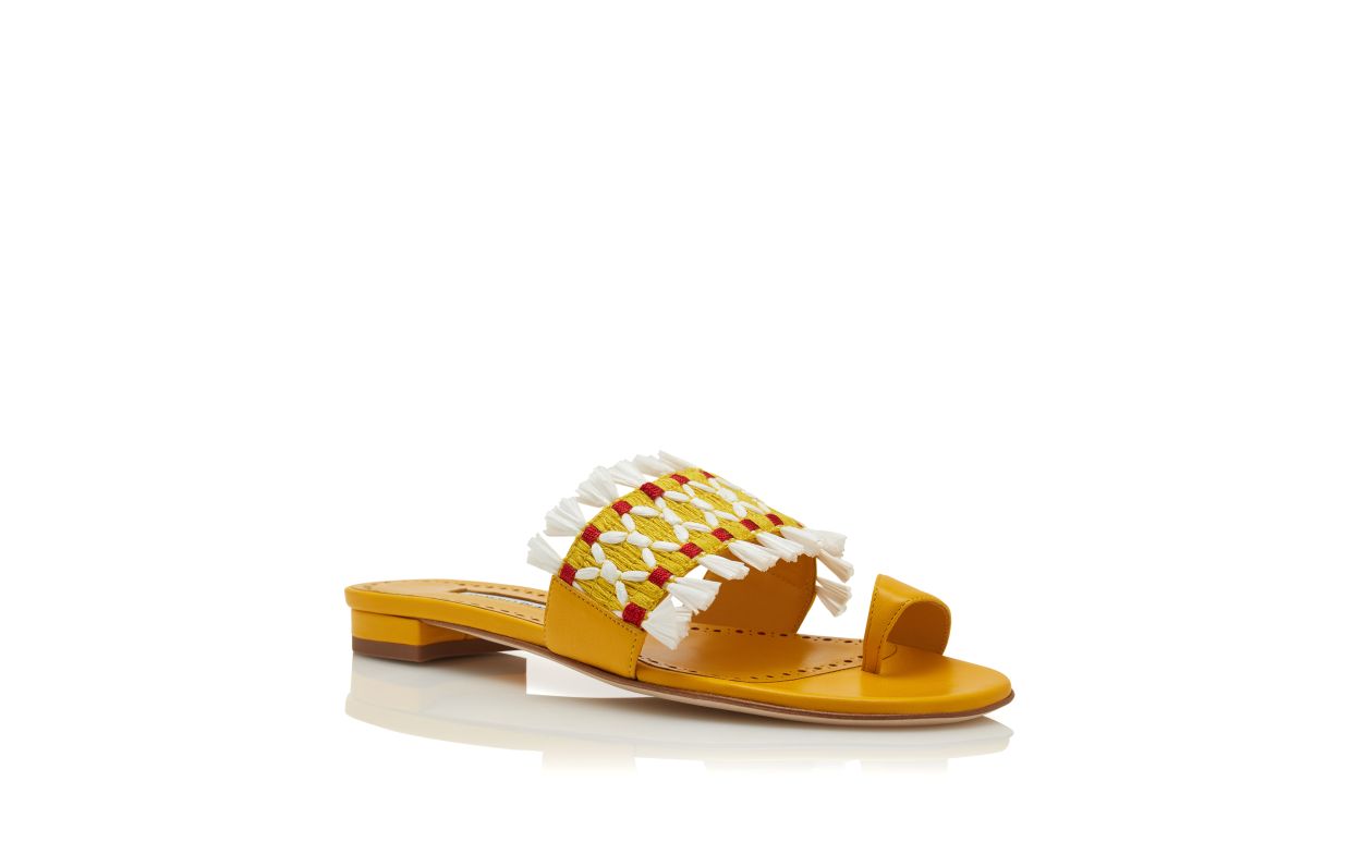 Gelbe Nappa-Leder-Flachschuhe mit Raffia-Details