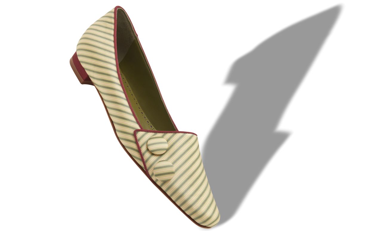Grüne und Beige Seidenstreifige Flache Pumps