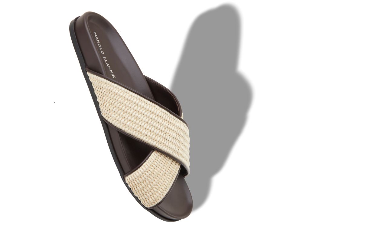 Dunkelcrem- und Braunfarbene Raffia-Plattform-Sandalen