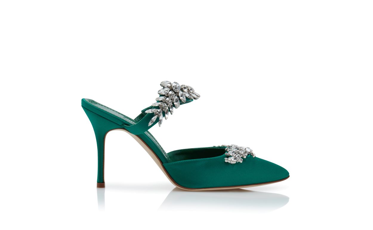 Grüne Satin-Strass-Besetzte Mules