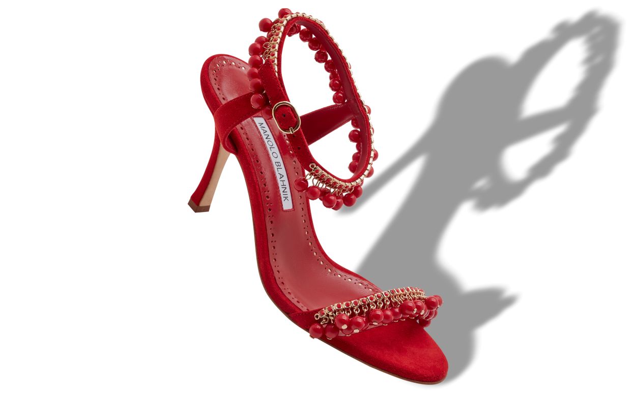 Rote Suede-Sandalen mit Juwel-Verzierung
