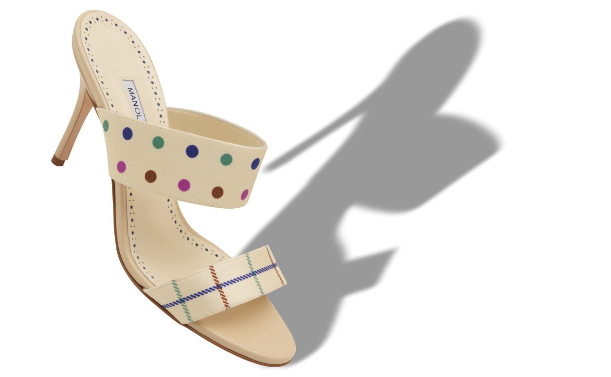 Cream Silk Mules mit Streifen- und Punktdetails