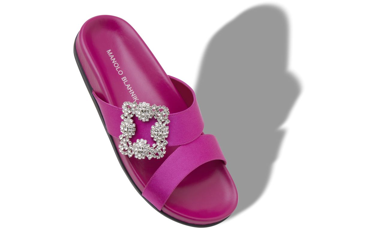 Dunkel Fuchsia Satin Edelstein-Schnalle Flat Mules