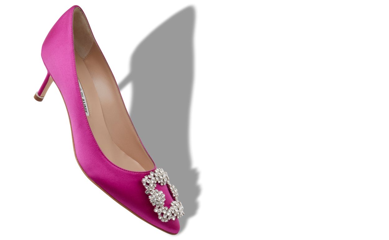 Fuchsia-Satin-Perlknopf-Pumps