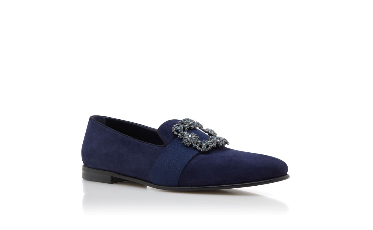 Blau-Navy Suede mit Juwelen-Schnalle Slipper