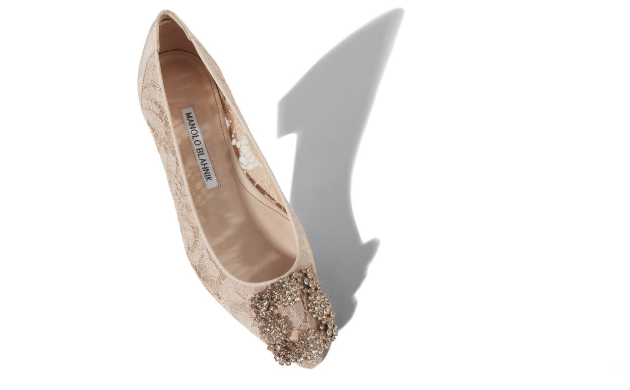 Rosa Champagner Spitzen-Diamant-Schnalle-Flachpumps