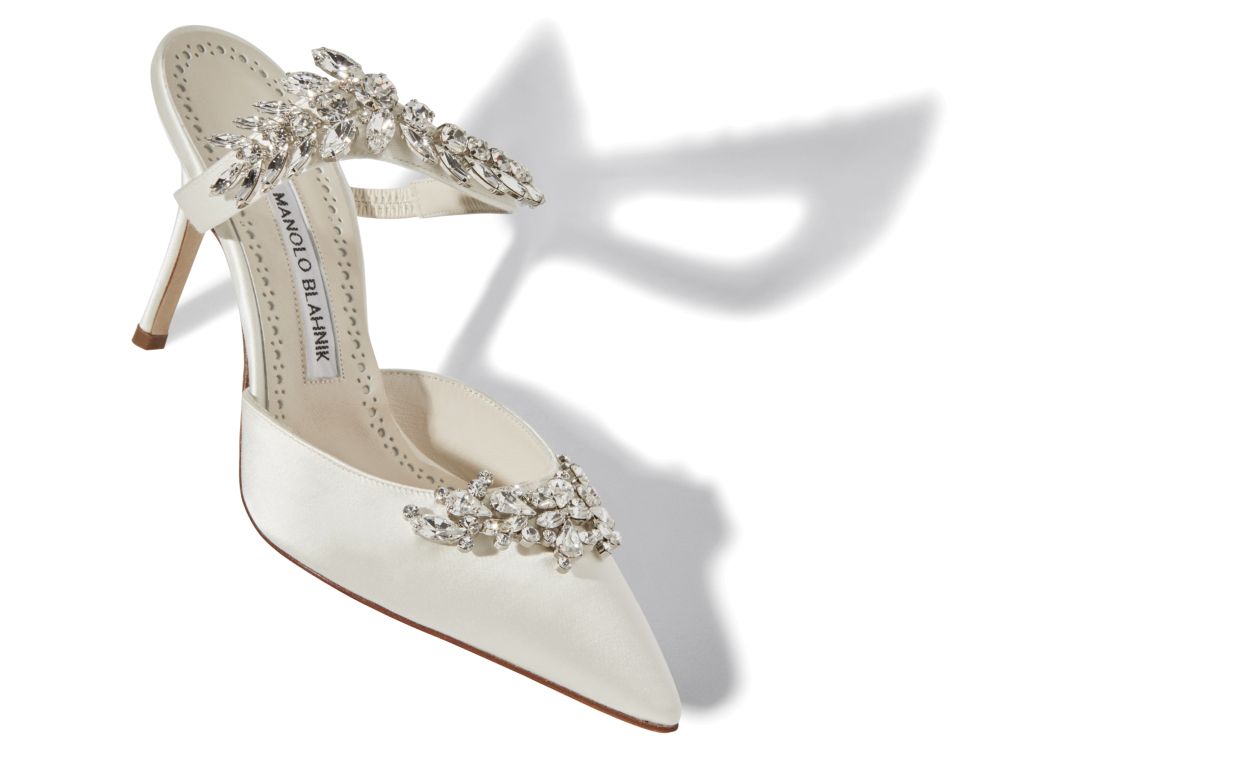 Off-Weiß Satin Kristallverzierte Mules
