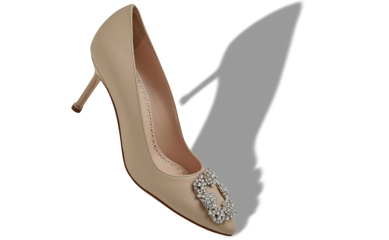 Helle Beige Kalbsleder-Steppschuhe mit Juwel-Schnalle