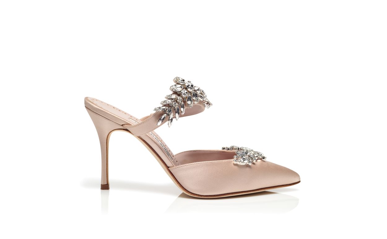 Leicht Beige Satin Kristallverzierte Mules