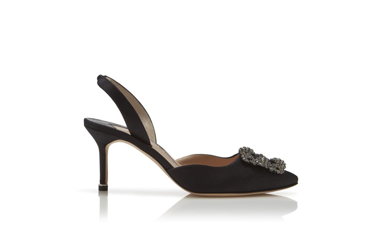 Schwarze Satin-Steck-Slingback-Pumps mit Juwel-Schnalle