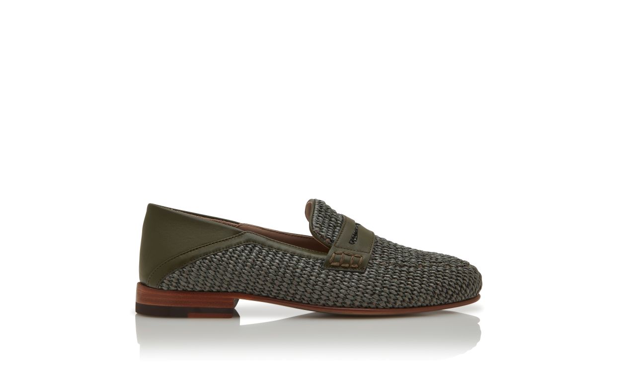Dunkelgrüne Raffia-Penny-Loafer